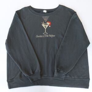 Vtg Santa's Little Helper Martini Rhinestone Ugly Sweater Black Women XL‎